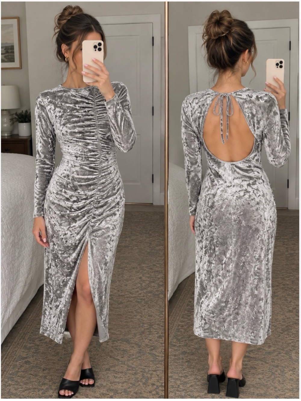 NWT! Size M Long sleeve silver velvety midi party dress